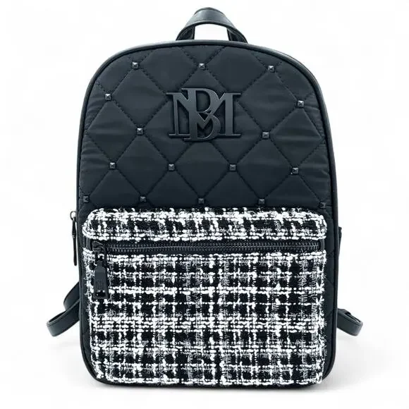 Badgley Mischka Backpack Tweed Quilted Studded Black White New With Tags