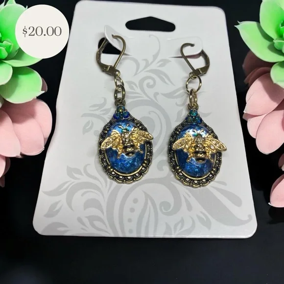 Chic Gold and Blue Bee Earrings