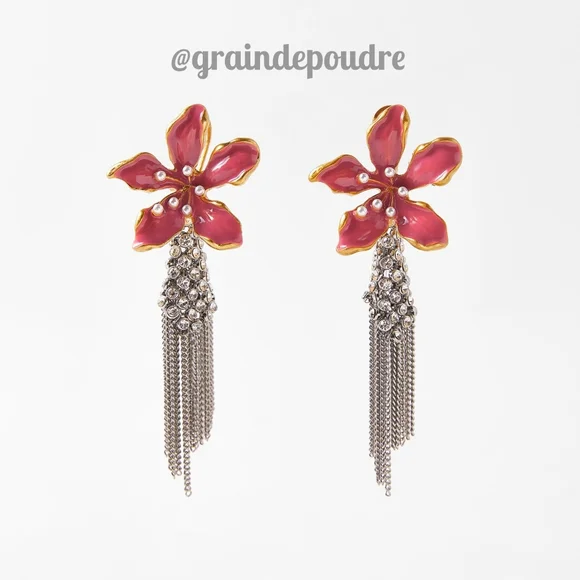 Rare! Zara Pink Enamel Flower Rhinestone Fringe Mixed Media Chandelier Earrings
