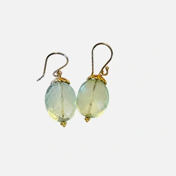 Beautiful Faceted Green Amethyst Earrings w/Gold Setting and Wires. NIB