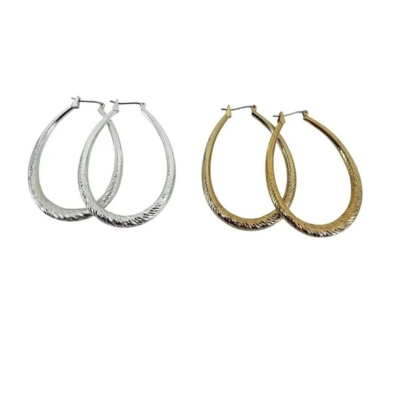 2 Pair Textured Teardrop Hoop Earrings Set Silver and Gold Tone Large Oval