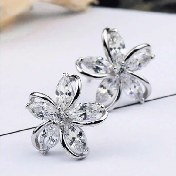 Silver Floral Stud Earrings with Gemstones