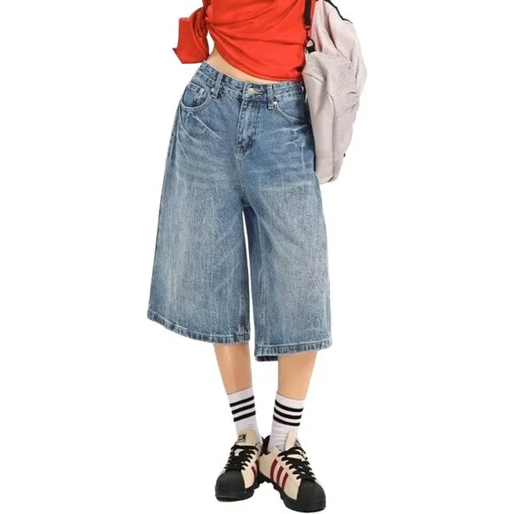 Women Jean Shorts Baggy Loose Fit Denim Summer Trend Y2K Wide Leg