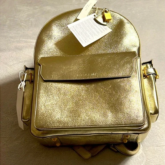 BUSCEMI. Gold Extra Large Backpack. Shiny Calf Skin. Gold Hardware.
