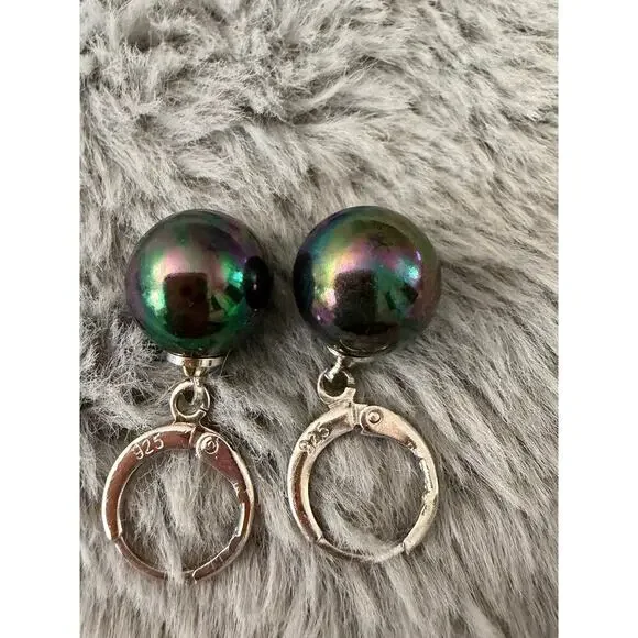 Peacock Black Pearl Drop Earrings Genuine Sterling Silver 925 Lever-Backs