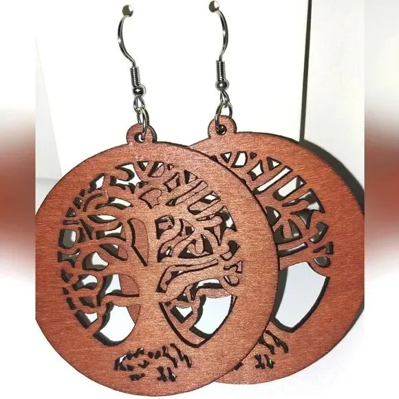Brown Hollow Wooden tree Of Life Earrings