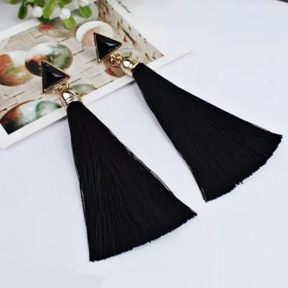 Black Boho Long Triangle Tassel Drop Earrings