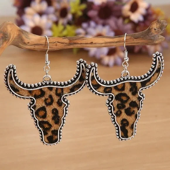 Vintage Style Faux Cowhide Leopard Steer Earrings