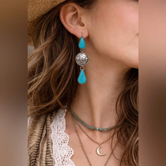 Turquoise Teardrop Buffalo Coin Dangle Earrings Silver Tone Western Boho