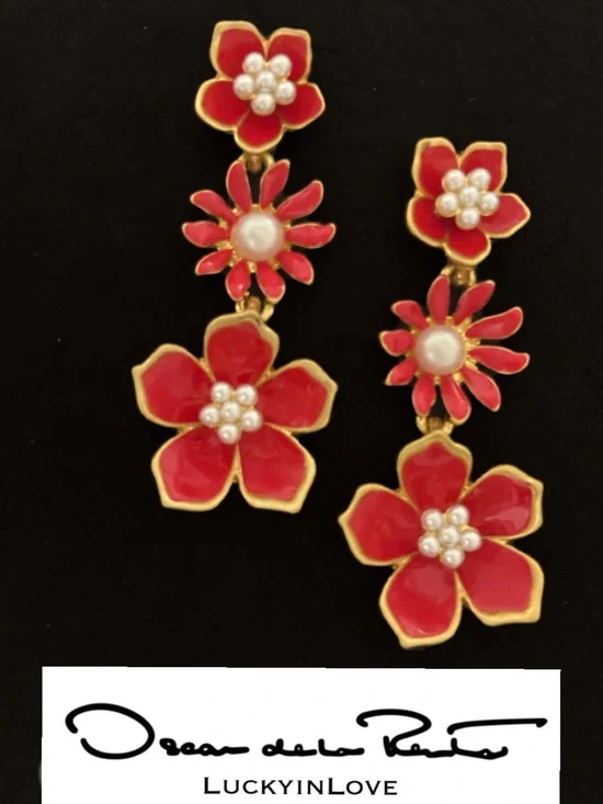 OSCAR DE LA RENTA • Gold with Red Enamel Flower Cascade Pearl Drop Earrings