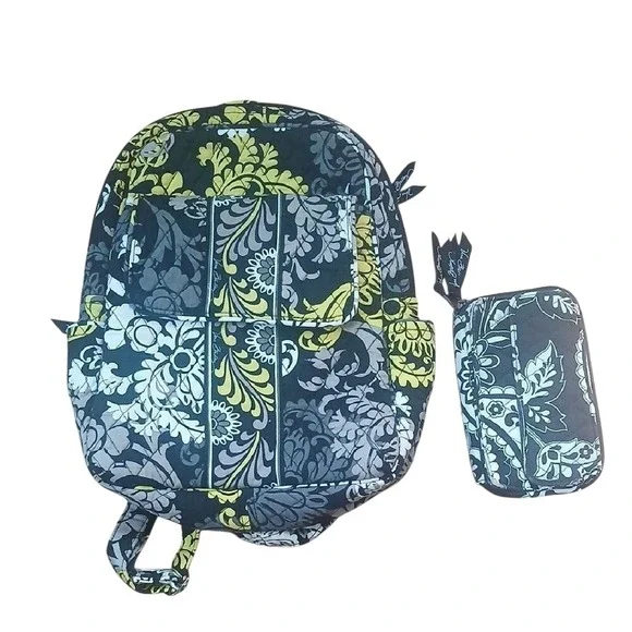 Vera Bradley Quilted‎ Floral Backpack and Matching Wallet Set Yellow Grey Black