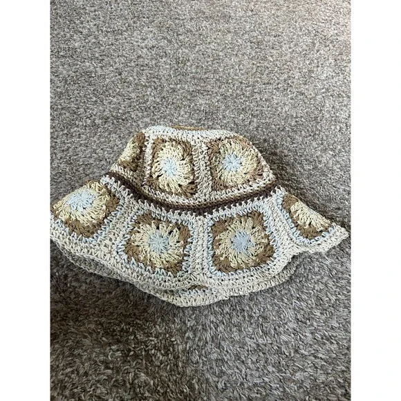 Steve Madden Crochet Straw Hat Granny Square Boho Hippie 70s Style Beach OS