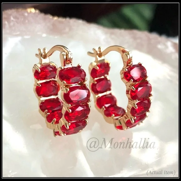 New Deep Red Ruby Stone Gold Round Huggie Earrings