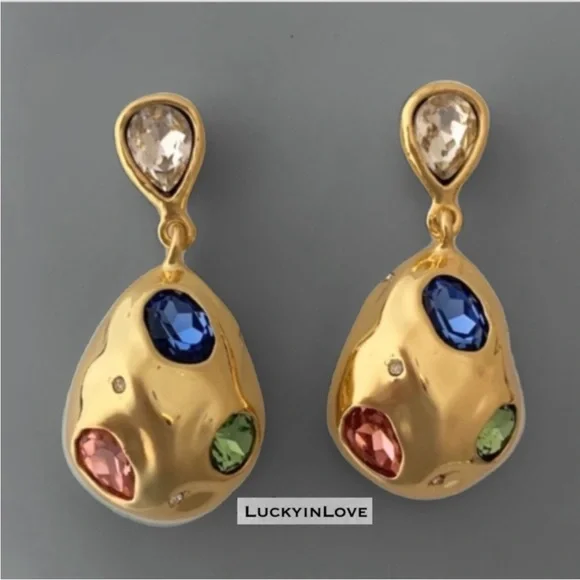 ALEXIS BITTAR • Puffy Crystal Blue Rose Green Gold Molten Drop Earrings