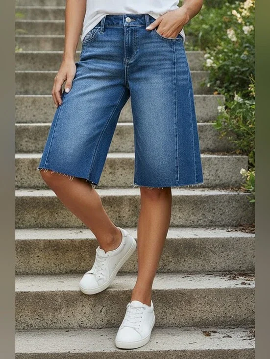 Risen High-Rise Baggy Raw Hem Panel Seam Jorts Bermuda Wide Leg Denim Shorts