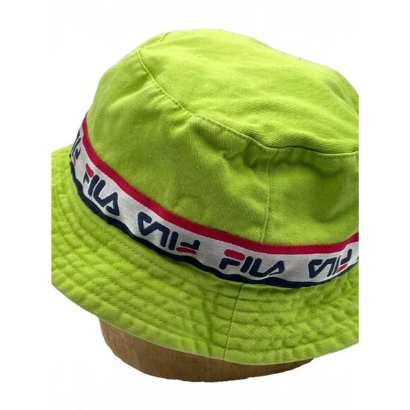 FILA Cotton Bucket Hat Neon Green All Over FILA Hat Band Unisex One Size RARE
