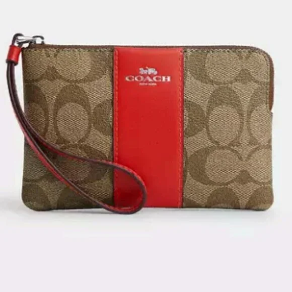 Coach Zip Wristlet In Signature Canvas Silver Khaki Miami Red