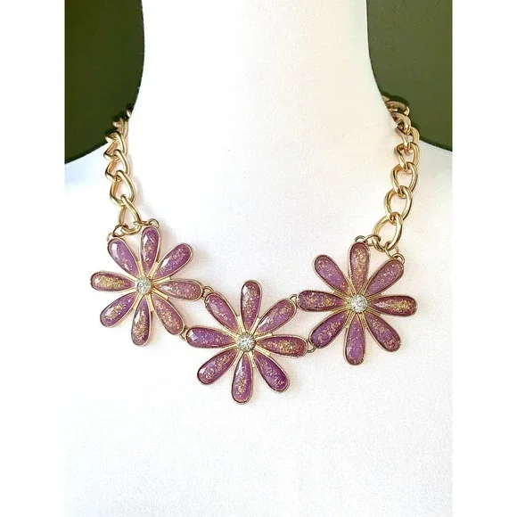 Vintage Style Purple Floral Crystal Statement Necklace EUC