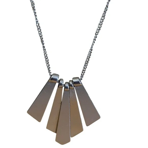 Silver Tone Geometric Fan Tapered Bar Pendant Long Necklace Layering