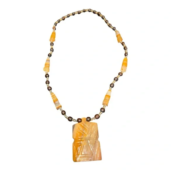Carved Agate Pendant Necklace Beaded Boho Statement Natural Tones J22