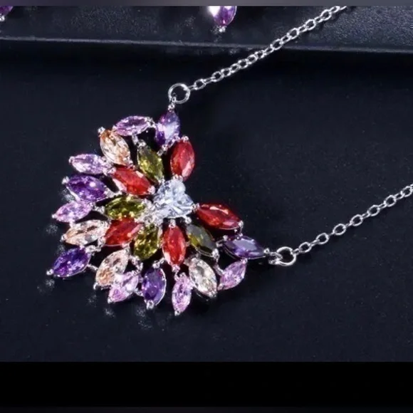 Colorful CZ Silver Heart Necklace