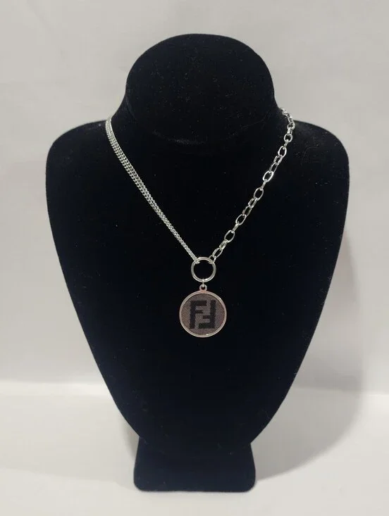 Fendi Monogram Canvas Silver Pendant Mixed Link Chain Necklace