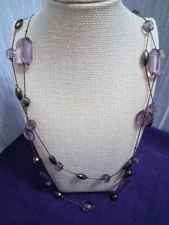 Vintage Double Strand Beaded Necklace Clear Purple And Gunmetal 24