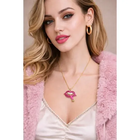 Betsey Johnson Smokin Lips Pink Rhinestone Necklace Gold Tone Statement NWT