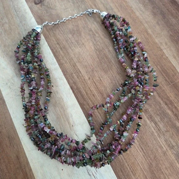 Jay King DTR .925 Silver Pink Green Tourmaline Chip Bead 8 Strand‎ Necklace