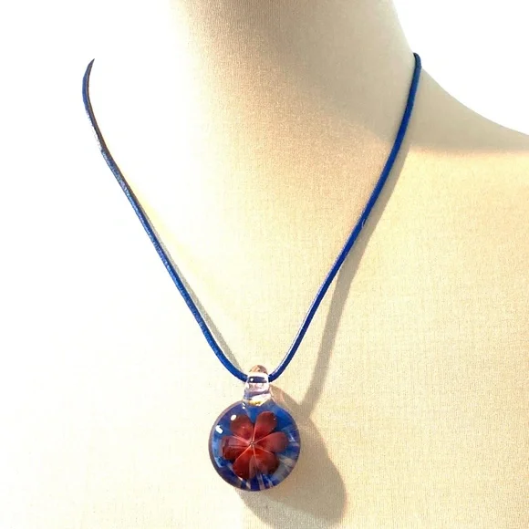 necklace glass flower blue red round pendant handmade
