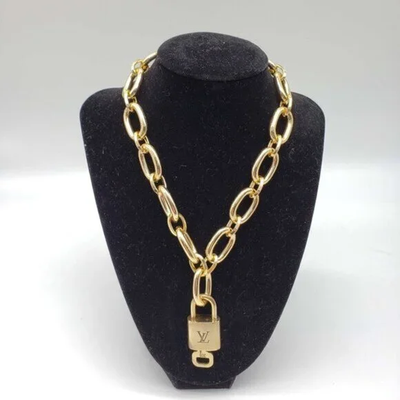 Authentic Louis Vuitton Lock and Key Gold w/Unbranded Geometry Cuban Style Chain