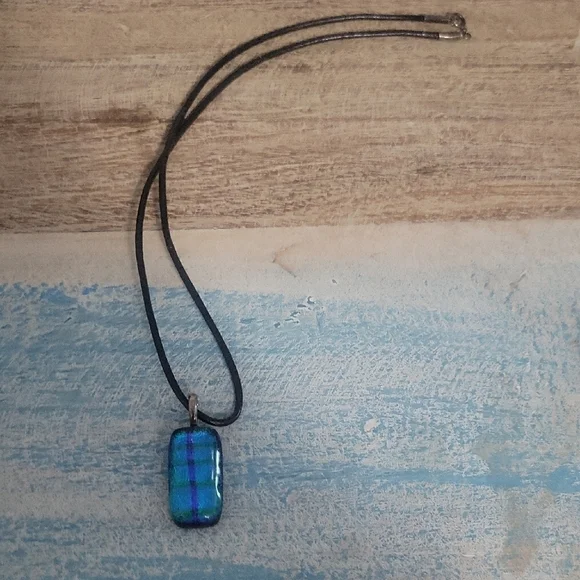 Vibrant Blue and Black glass Pendant Necklace silver tohe loop leather chain