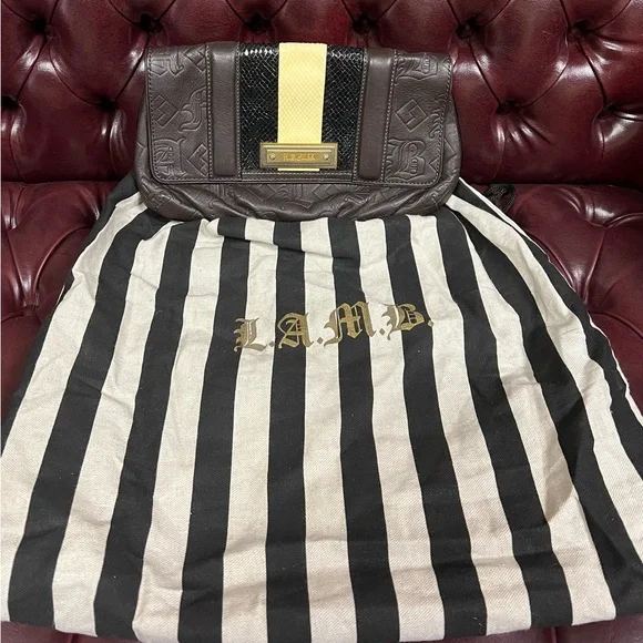 L.A.M.B. Dorset Chocolate Brown Leather Clutch with Faux Snakeskin
