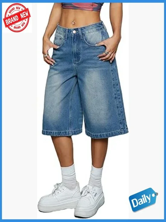High Waisted Wide Leg Cropped Bermuda Jean Shorts Baggy Denim Jorts Y2k Capris
