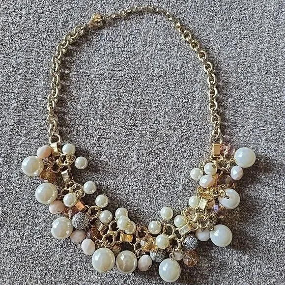 Vtg Signed Talbots Faux Pearl Crystal & Rhinestone Pink Cluster Necklace 22