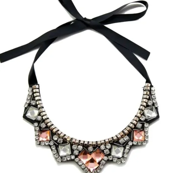 T&J Designs Statement Necklace Bib Blk‎ Silk Pink White Bling Gold Plated…