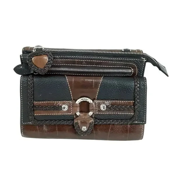 Brighton Clutch Handbag Black Leather Wallet Croco Embossed Travel Equestrian