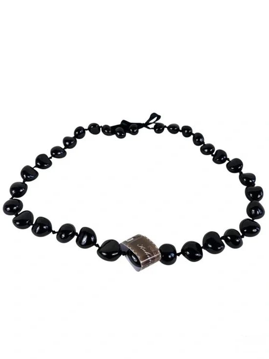KC Hawaii NWT Polished Kukui Nut Necklace Black Ribbon Tie‎