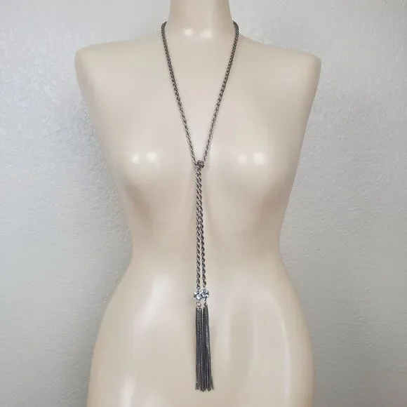 Vintage Silver Tone Rope Chain Box Tassel Round Clear Ball Lariat Opera Necklace
