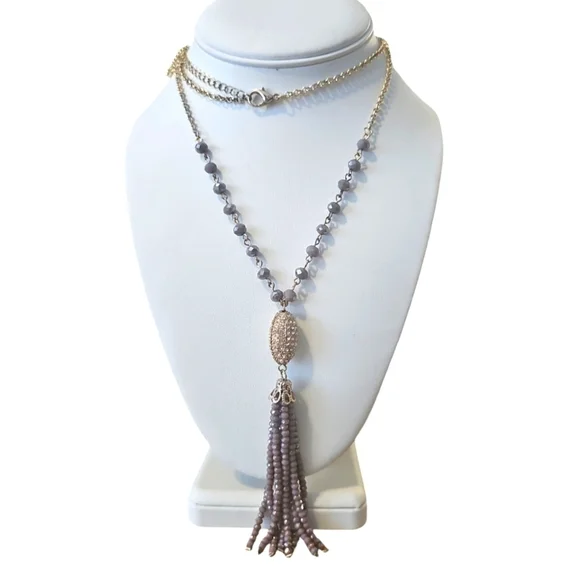 Vintage Purple AB Crystal Tassel and Pave Focal Oblong Bead Necklace 32 Inch