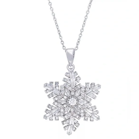 Silver Plated Cubic Zirconia Snowflake Spinner Pendant Necklace
