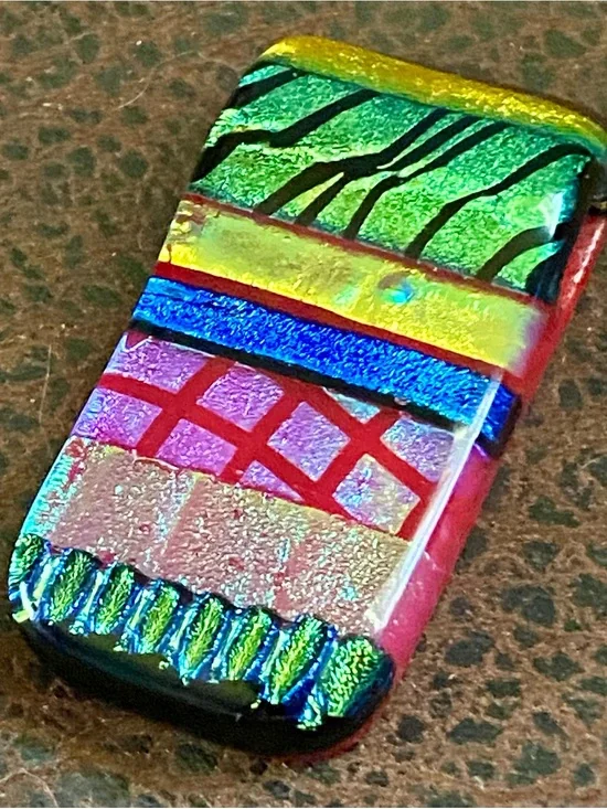 Handmade Dichroic Fused Patchwork Glass Pendant signed by artist L. Barnes