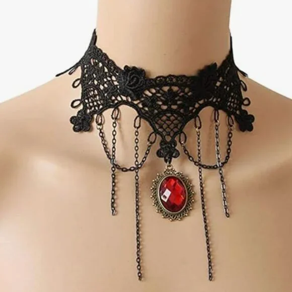 Black Lace Gothic Choker Necklace – Vampire Costume Jewelry for Women