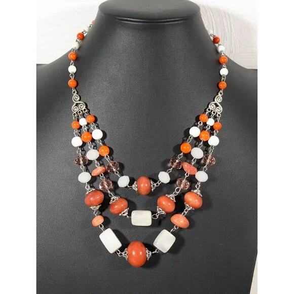 Boho Coastal Chic‎ White Orange Brown Stone Layered Necklace 17
