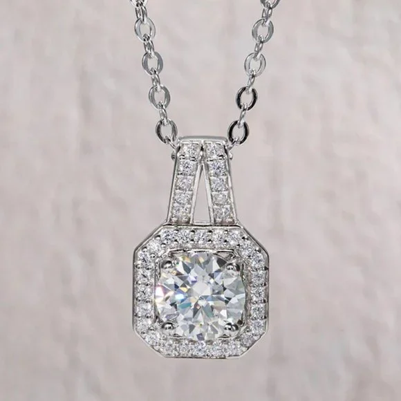 Certified 1ct. t.w. Moissanite Diamond Square Halo Pendant Necklace NEW