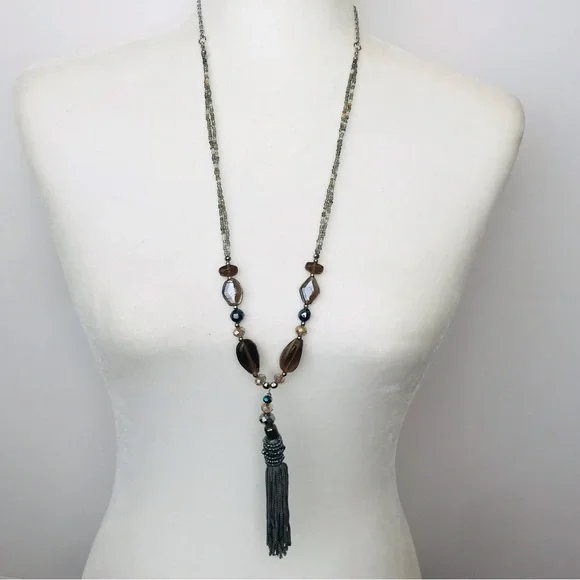 Chunky Glass and Seed Bead Long Fringe Tassel Necklace