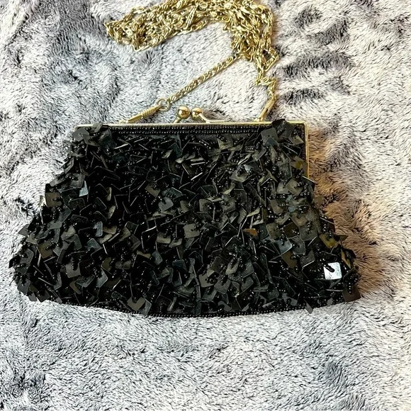Vintage Black Sequin Beaded Clutch Cocktail Purse
