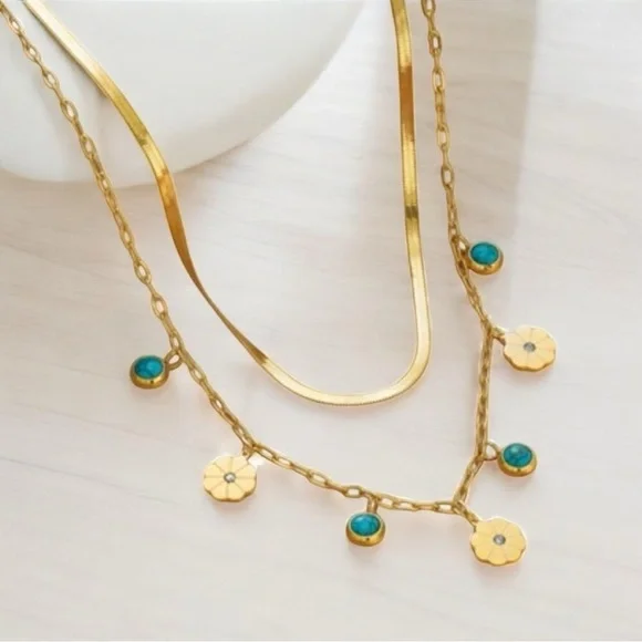 New 18K Gold Plated Turquoise & Flower Necklace Multi-layered chain