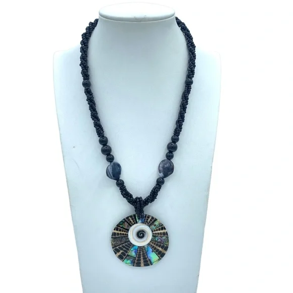 Vintage Abalone mosaic Shell and Seed Bead Necklace Black