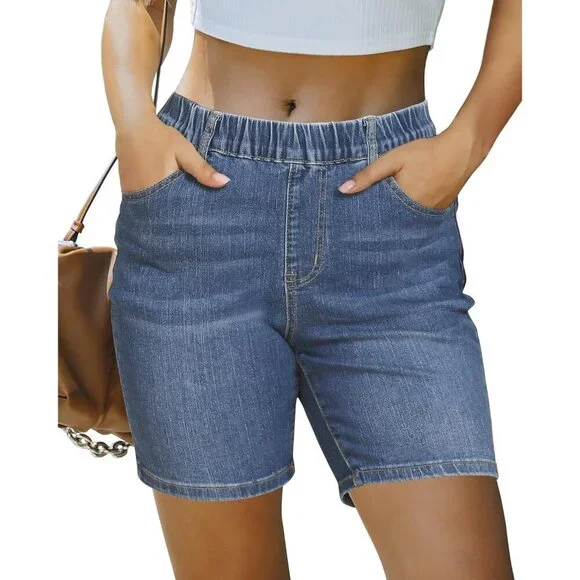 Women’s Jean Shorts Stretchy Mid Rise Casual Long Denim Summer Fashion